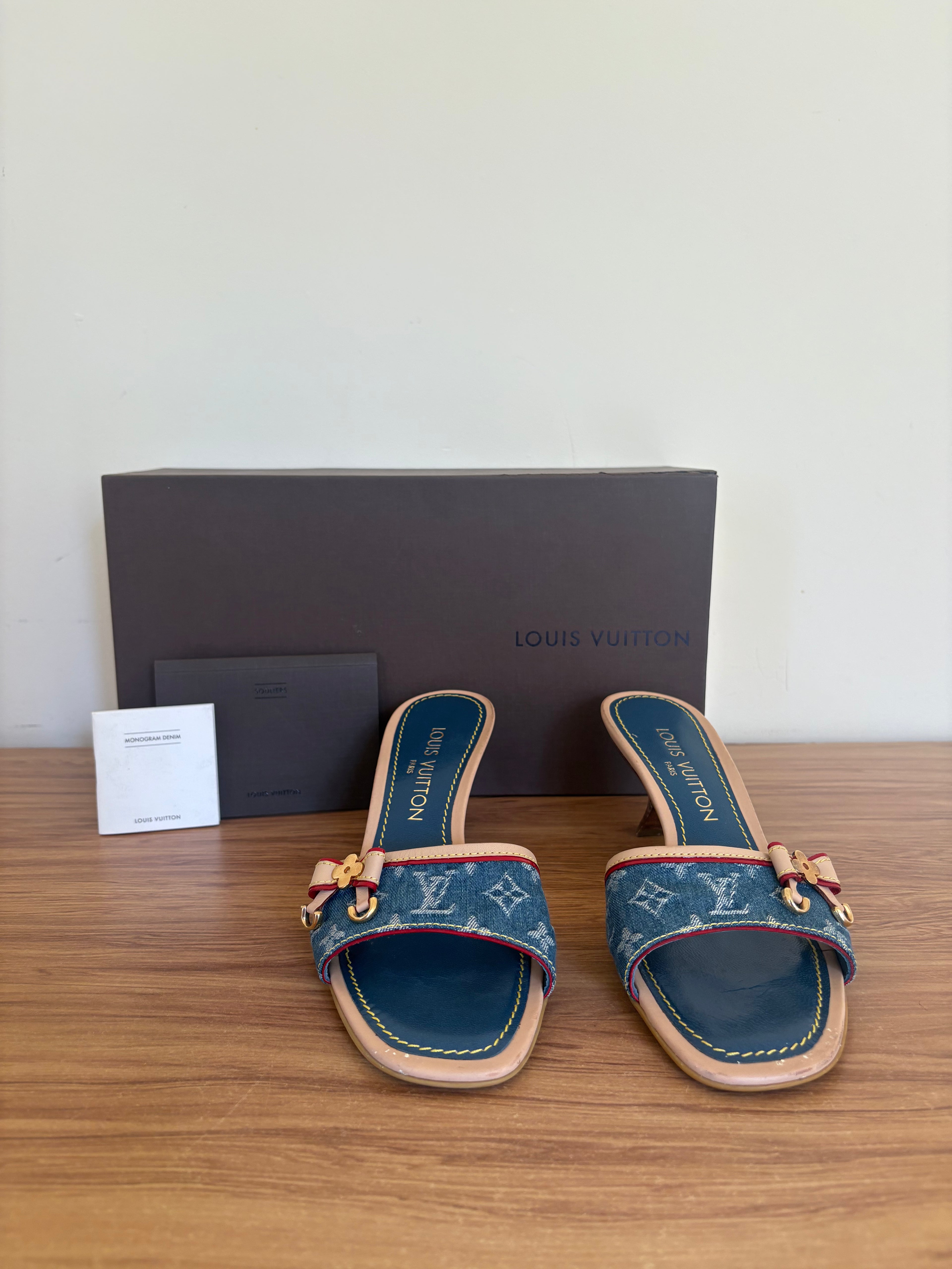 Louis Vuitton x Marc Jacobs denim monogram kitten mules (37)
