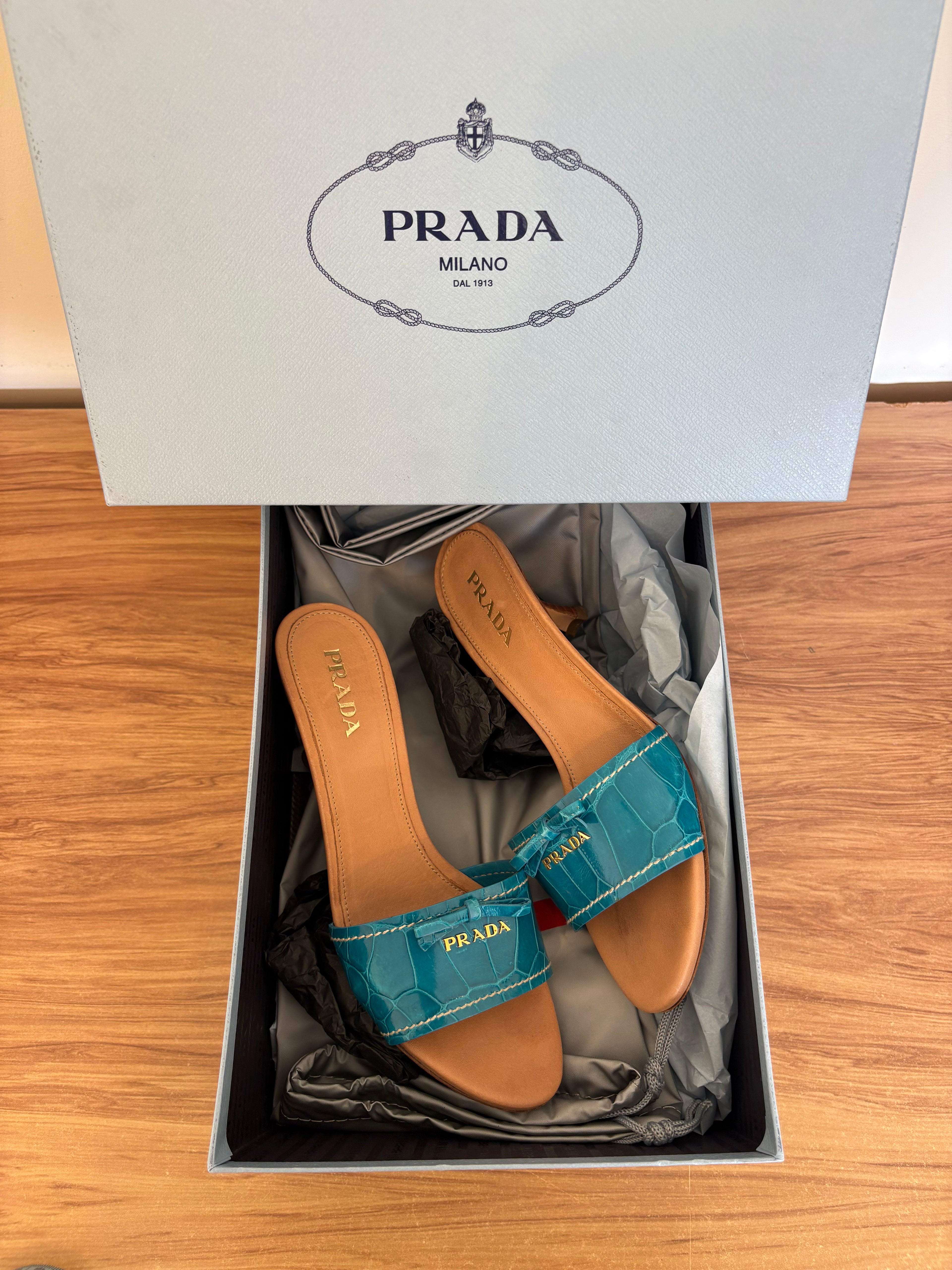 Prada blue croc embossed mules (37)