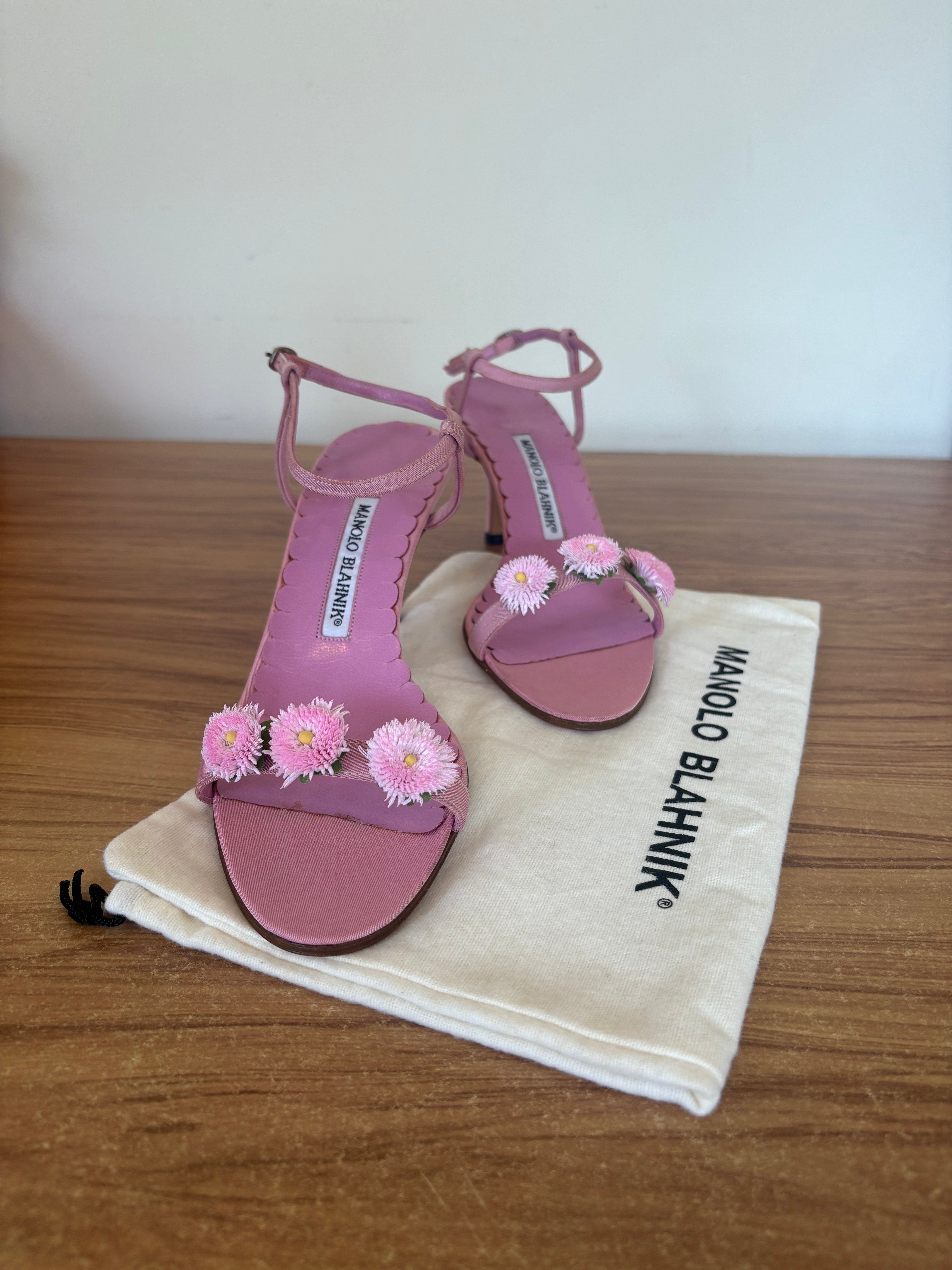 Manolo Blahnik pink daisy ankle strap heels (37.5)