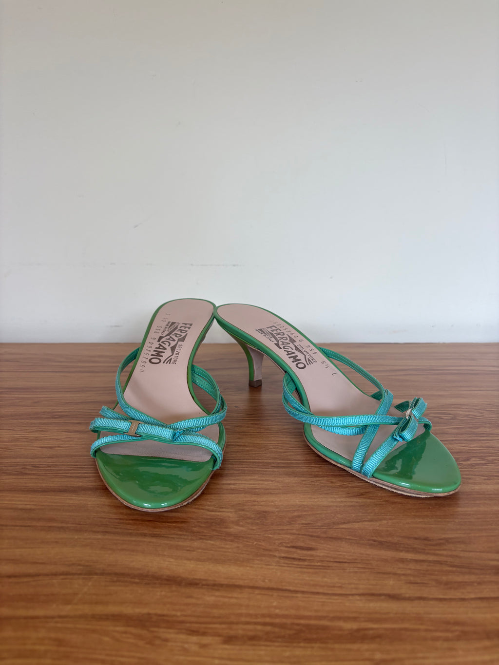 Salvatore Ferragamo green bow strappy kitten mules (36.5)
