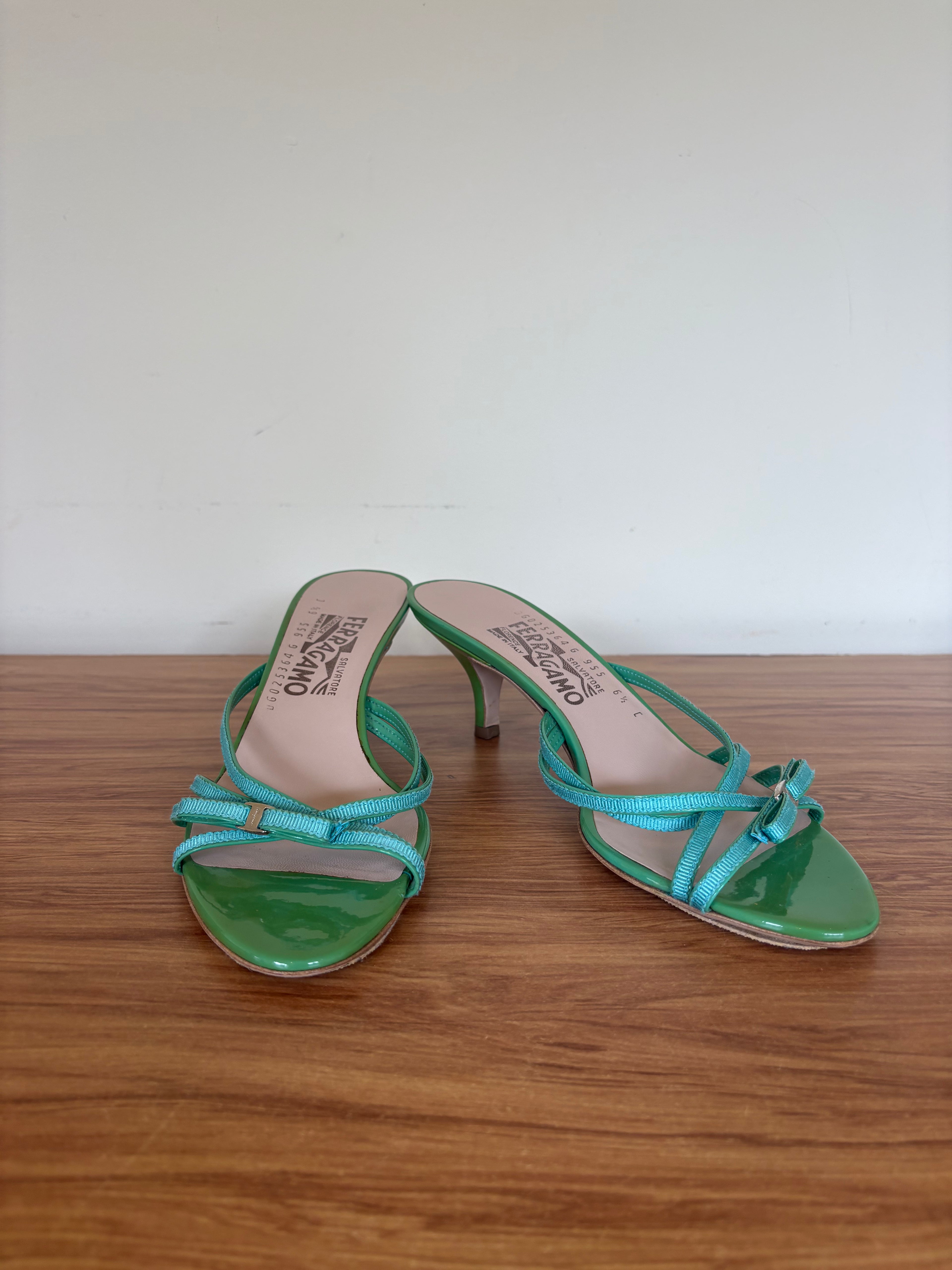 Salvatore Ferragamo green bow strappy kitten mules (36.5)