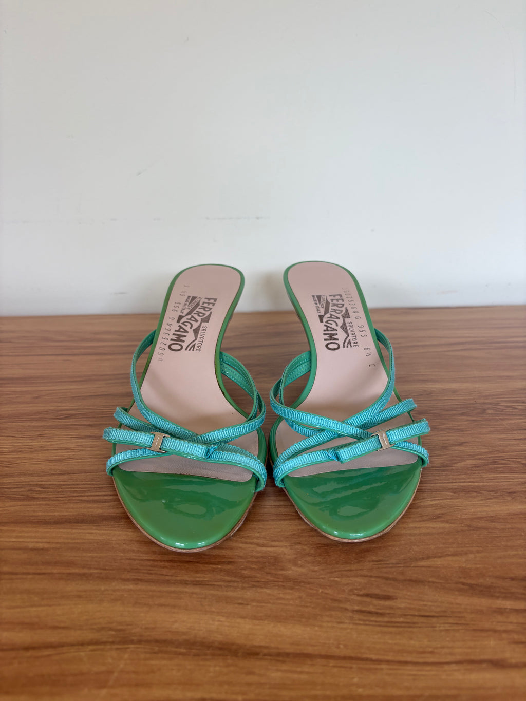 Salvatore Ferragamo green bow strappy kitten mules (36.5)