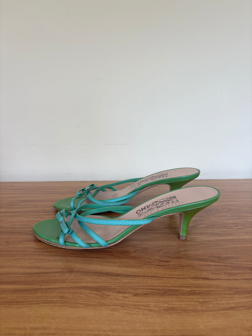 Salvatore Ferragamo green bow strappy kitten mules (36.5)