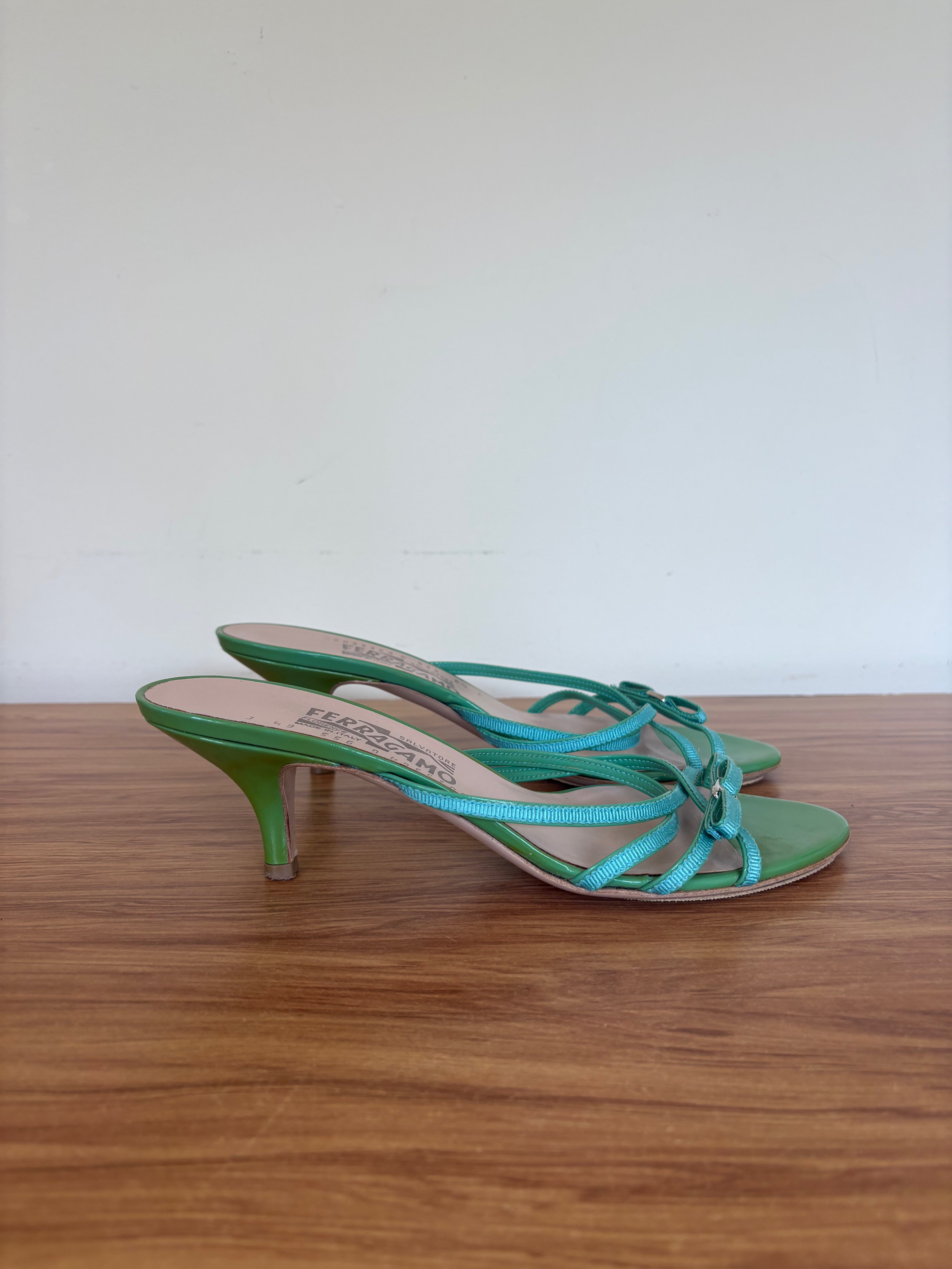 Salvatore Ferragamo green bow strappy kitten mules (36.5)