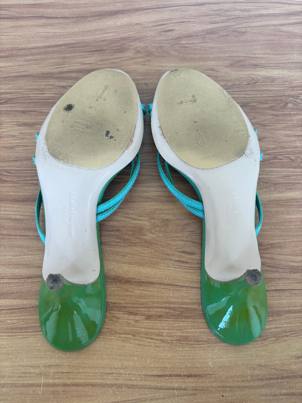Salvatore Ferragamo green bow strappy kitten mules (36.5)