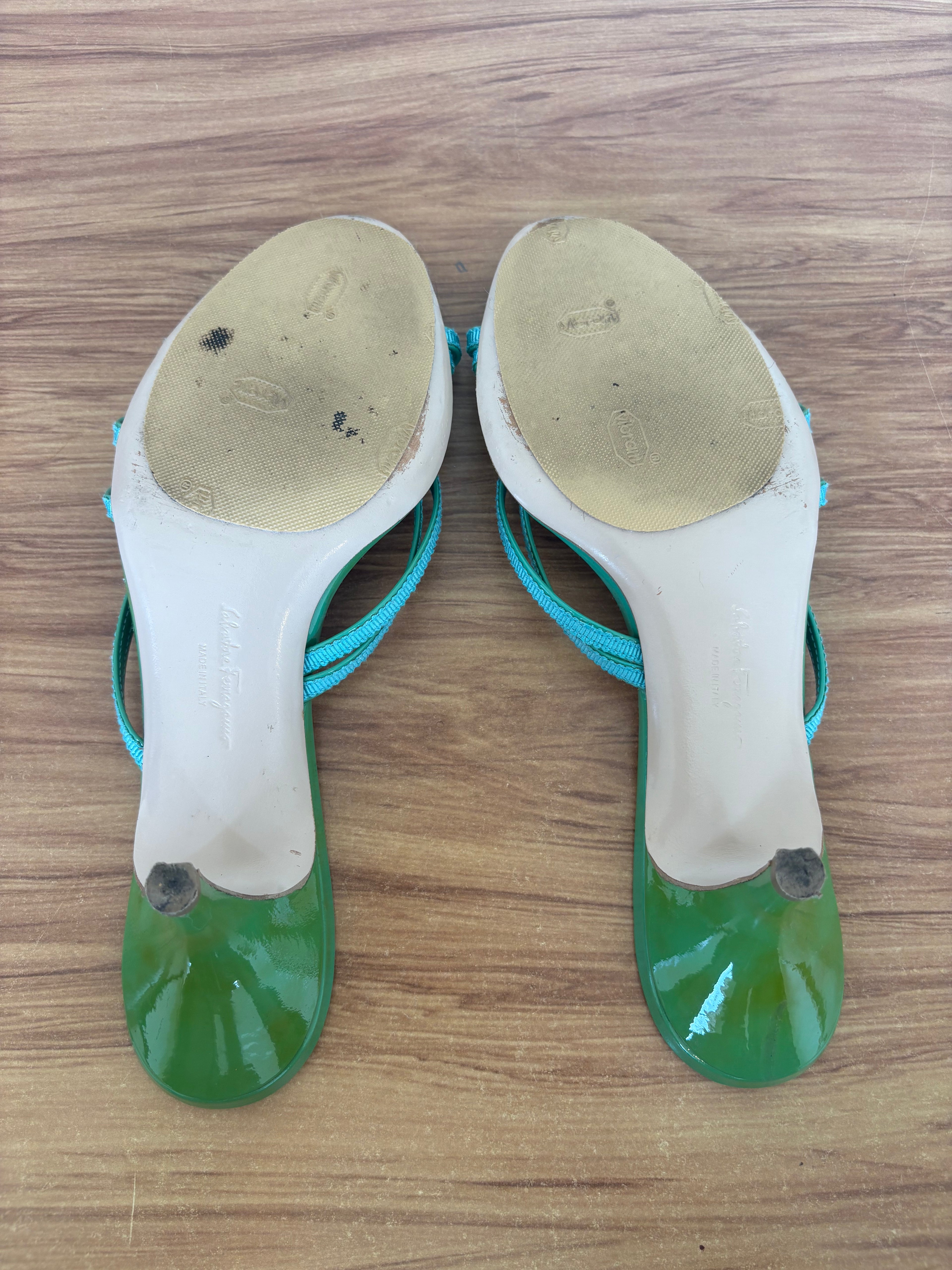Salvatore Ferragamo green bow strappy kitten mules (36.5)