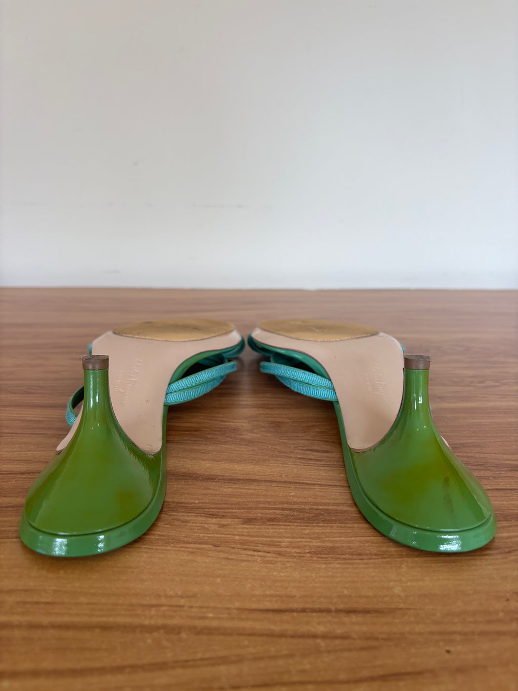 Salvatore Ferragamo green bow strappy kitten mules (36.5)