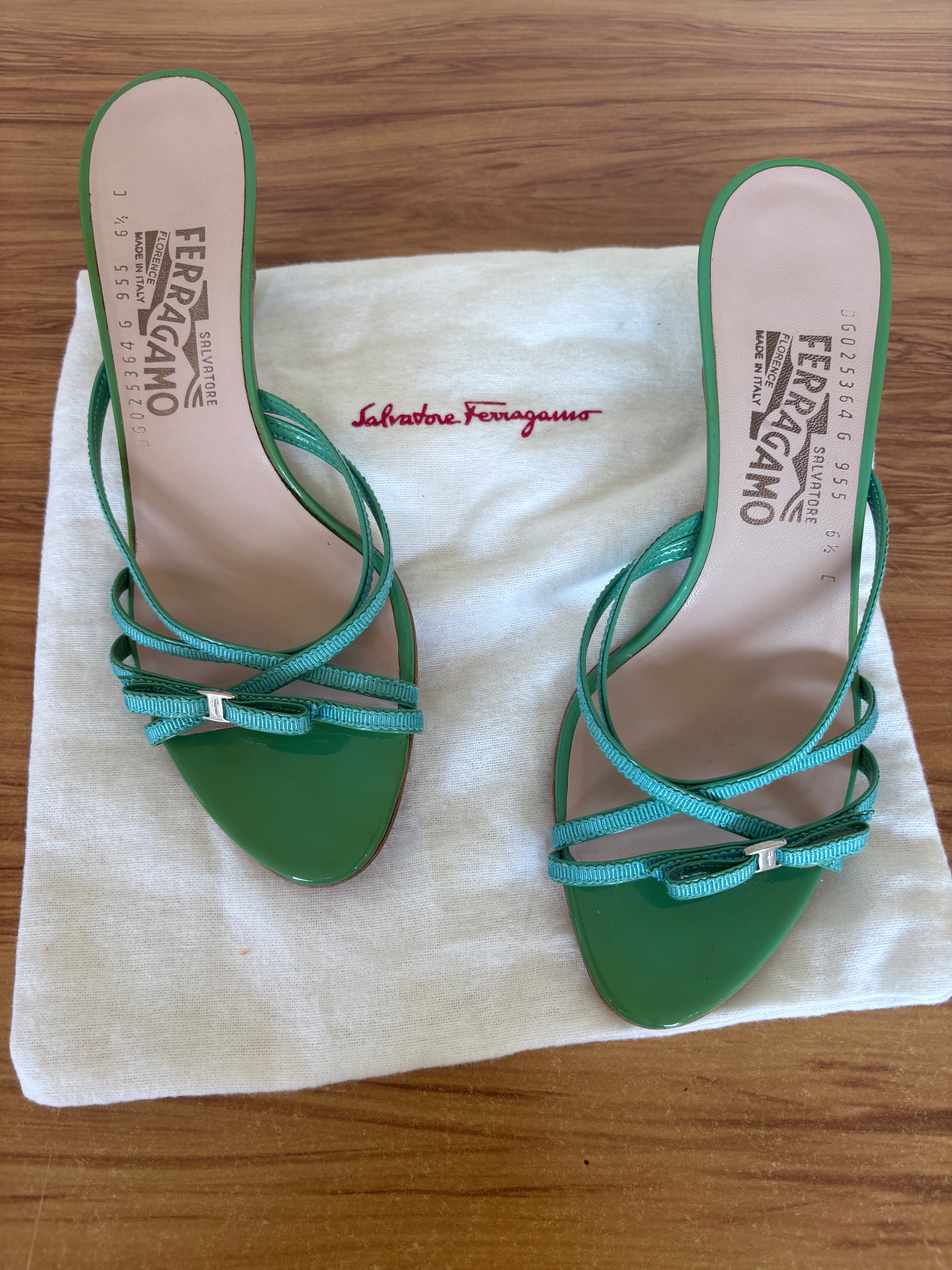 Salvatore Ferragamo green bow strappy kitten mules (36.5)