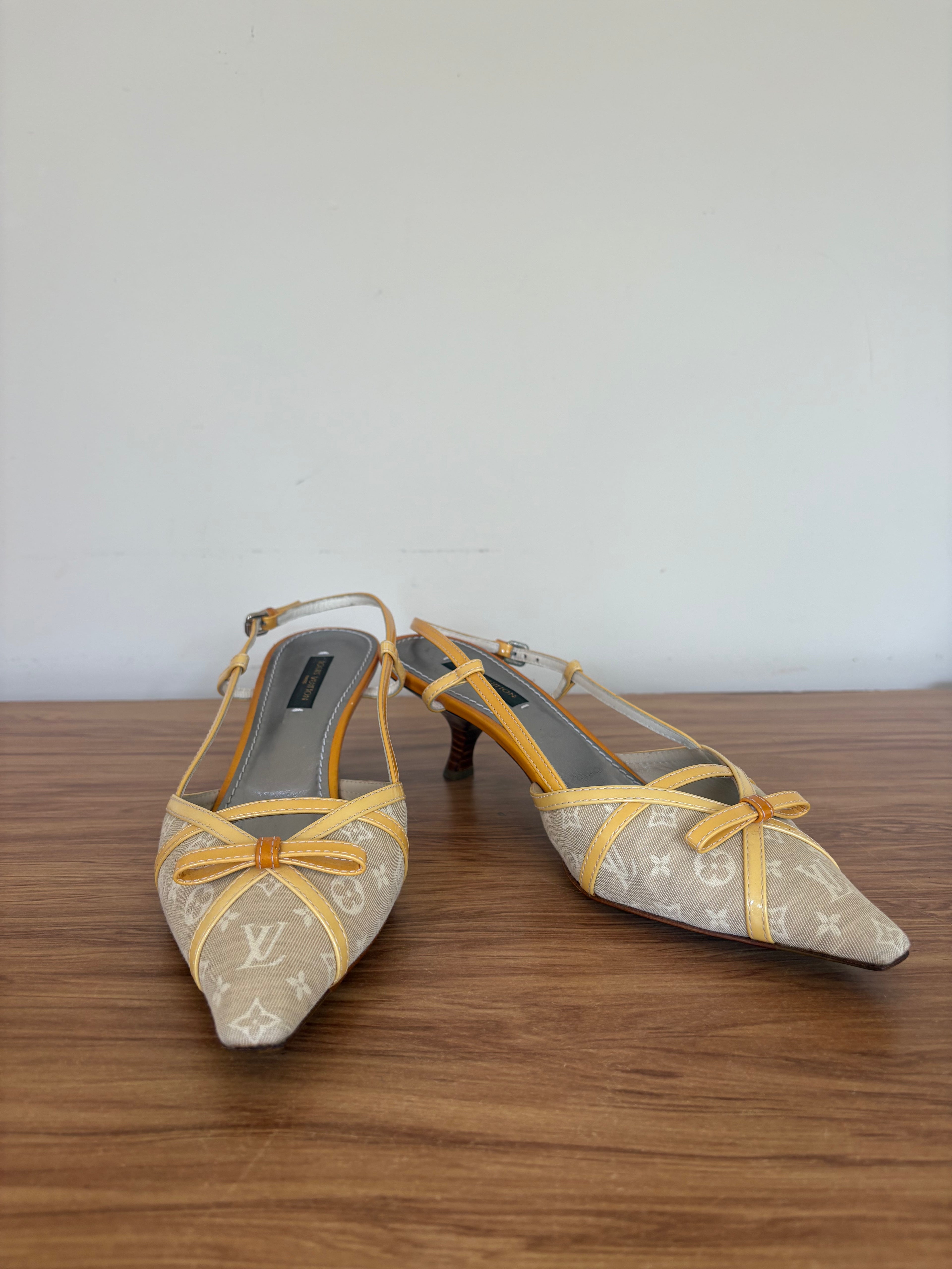 Louis Vuitton yellow monogram kitten slingback mules (36.5)