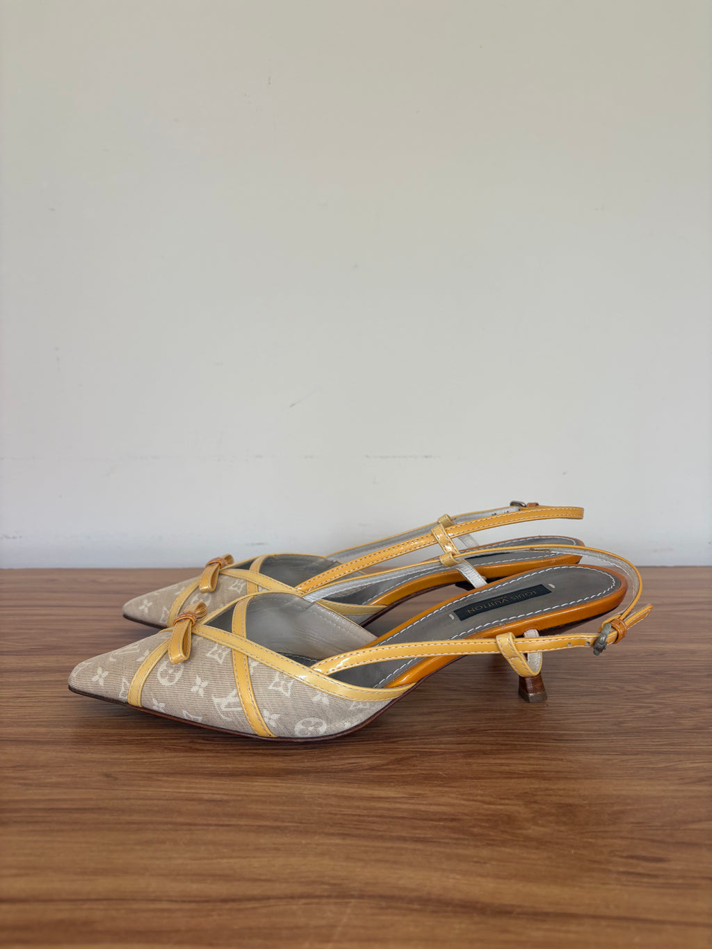 Louis Vuitton yellow monogram kitten slingback mules (36.5)