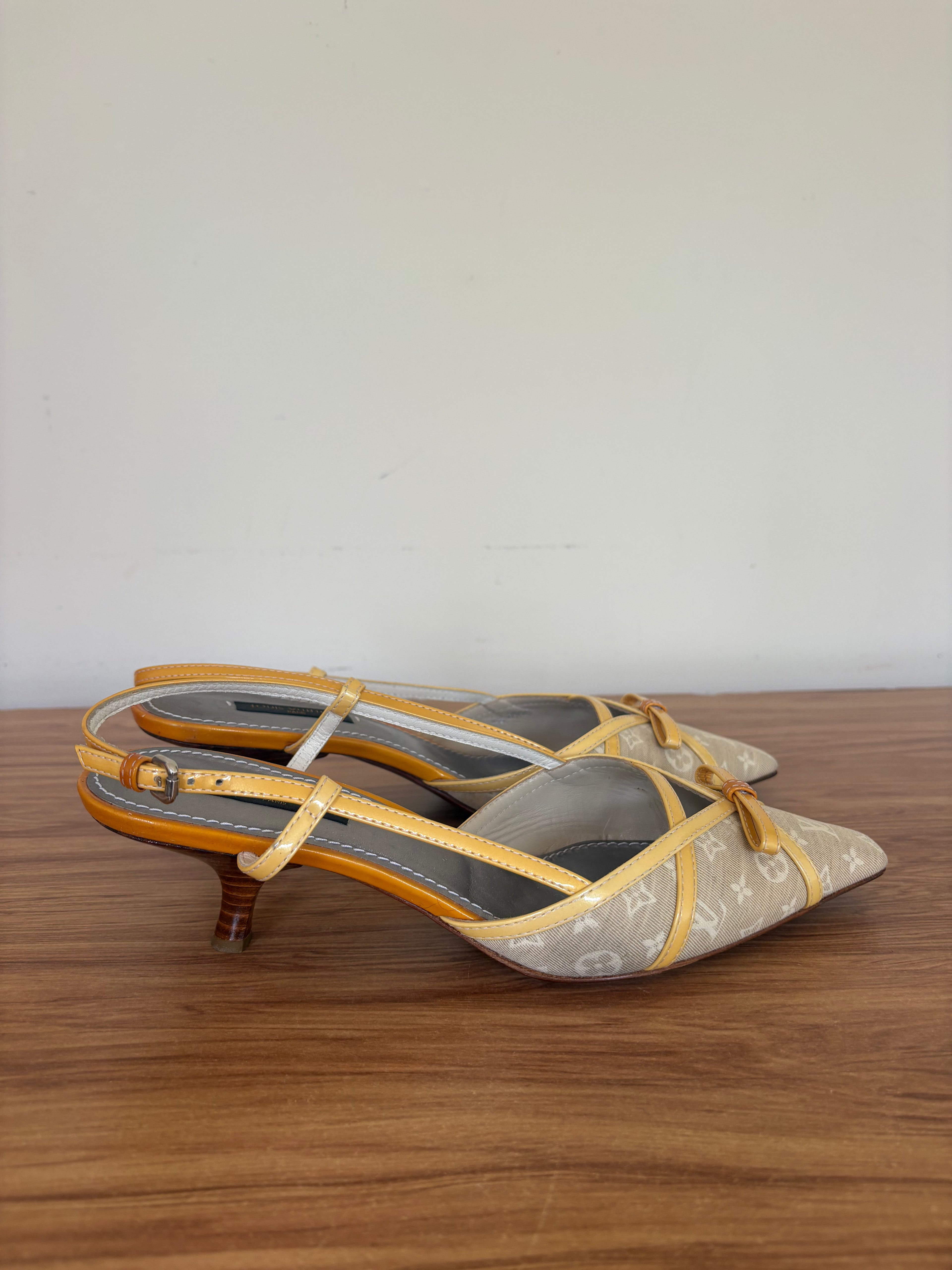Louis Vuitton yellow monogram kitten slingback mules (36.5)