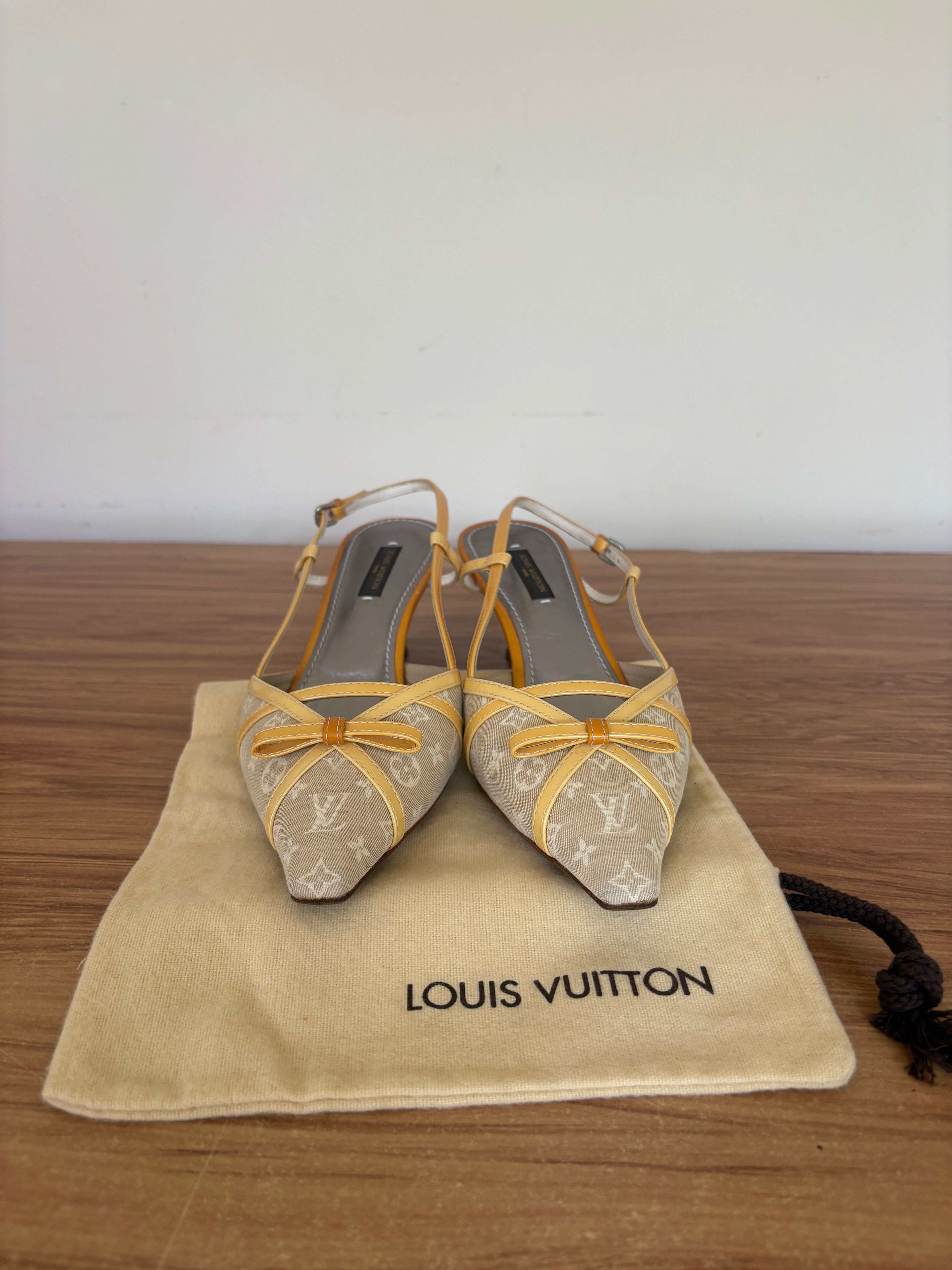 Louis Vuitton yellow monogram kitten slingback mules (36.5)