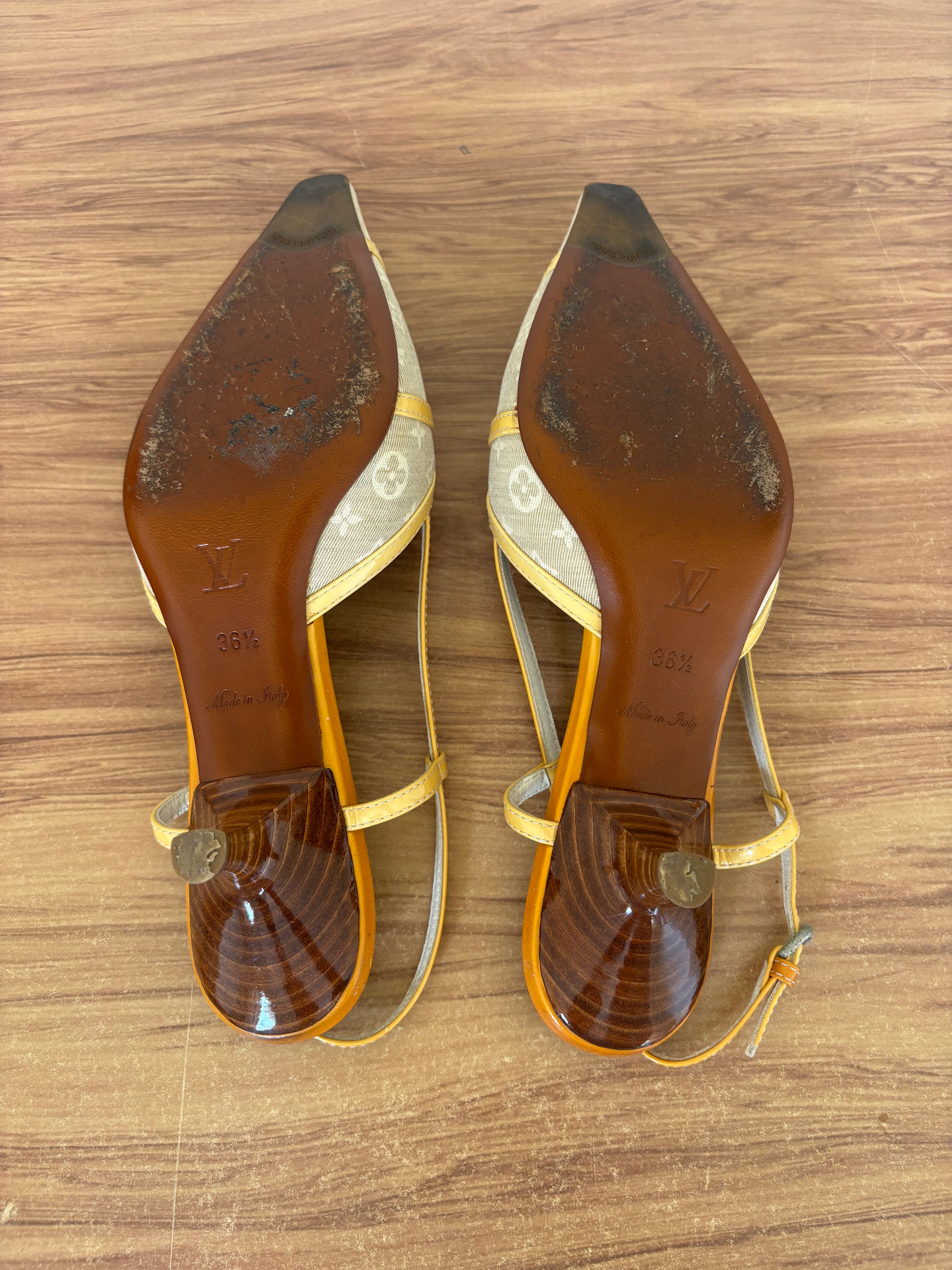 Louis Vuitton yellow monogram kitten slingback mules (36.5)